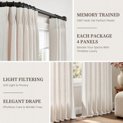 Natural Linen Curtain Set - 4 Panels, 40W x 96L, Pinch Pleated, Textured