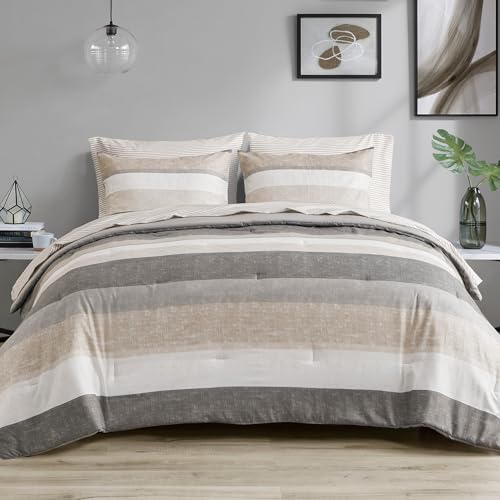 King Comforter Set Bed in a Bag - Modern Stripes, Taupe/Grey, 7 Piece California King