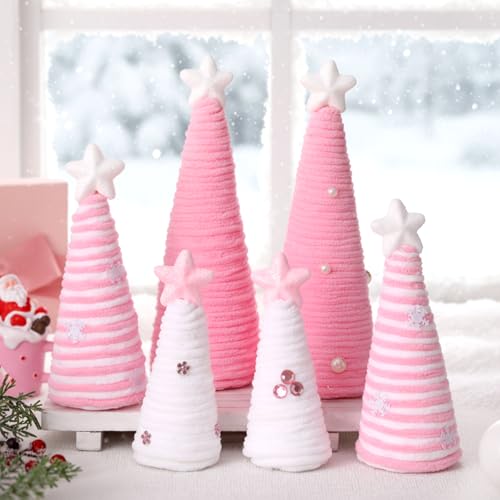 Pink Christmas Mini Yarn Tree Decorations Set - 6pcs Holiday Table Decor