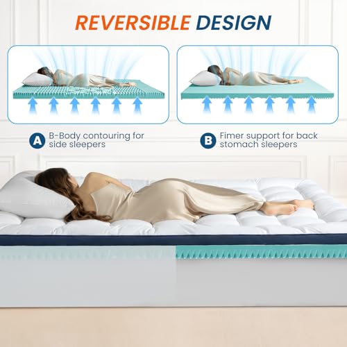 Zalmureta 4-Inch Dual Layer Queen Memory Foam Mattress Topper with Cooling Gel & Deep Pocket Fit, Blue