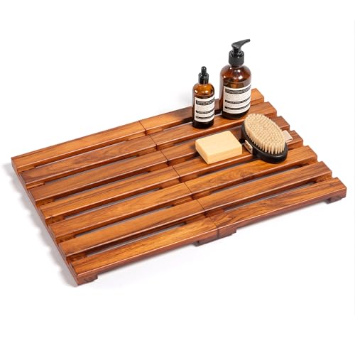 Realgulf 21x14 Inch Teak Shower Mat Non-Slip Solid Wood Bath Mat Foldable