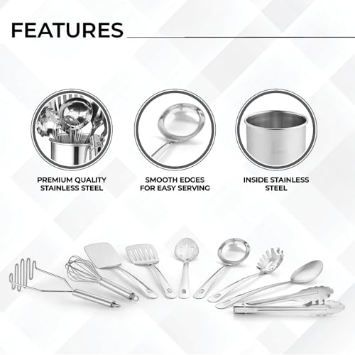 Large 10-Piece Stainless Steel Kitchen Utensil Set with Holder – Premium Cooking & Baking Tools