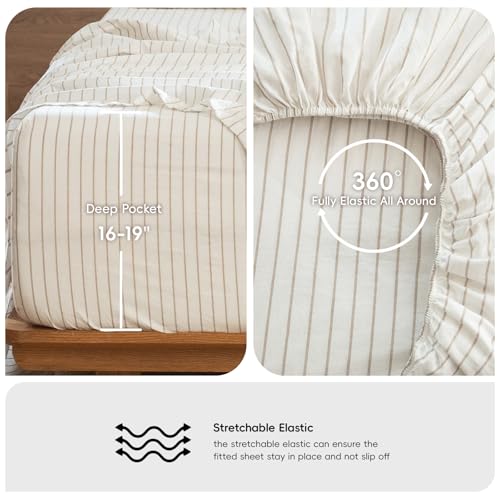 MooMee Wide Stripes Queen Sheet Set - White & Linen Grey 100% Washed Cotton