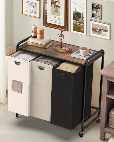 Laundry Sorter with 3 Removable Bags and Wooden Shelf - Black, Gray, White, 180L