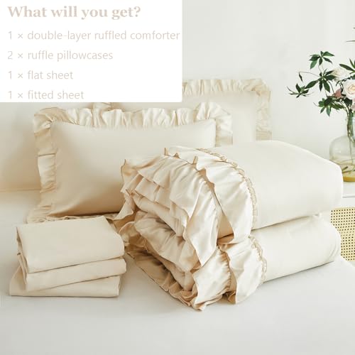 ANGIYUIN 5-Piece Queen Bedding Set Beige Double Ruffle Comforter Sheets