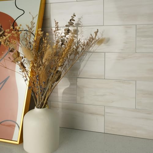 Vamos Tile 100-Piece Glossy Wooden Marble Grain Peel and Stick Subway Tile 3x6 Inches, White Grout, Backsplash for Kitchen Bathroom Fireplace - Variation of 100 / Wooden Marble Grain