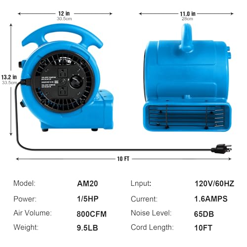 MOUNTO Blue 1/5HP 3-Speed Air Mover Blower Fan for Floor & Carpet Drying