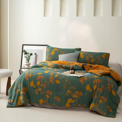 Reversible Cotton Jacquard Comforter Set - Floral Ginkgo Leaves Print, King, Green Yellow