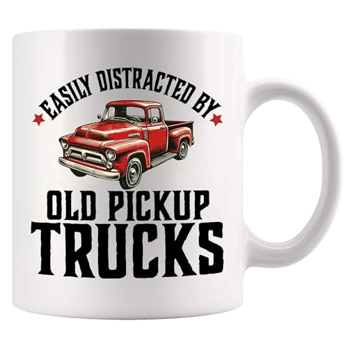 Panvola Easily Distracted 11 oz Ceramic Mug – White, Old Pickup Truck Lover Gift
