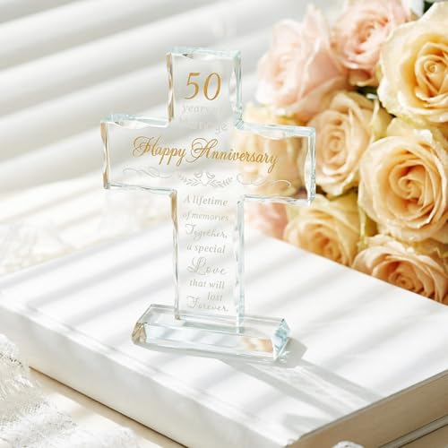 50th Wedding Anniversary Cross Gift for Couple - 50 Years of Marriage, Unique Hand-Cut Glass Keepsake - Variation: 50 Years of Marriage