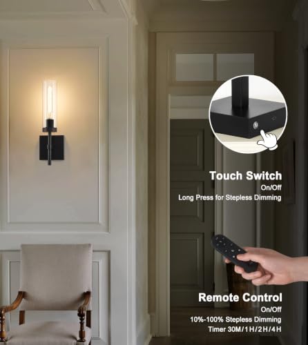 SANTOSTOCK Wireless Wall Sconces Set of 2 with Remote, Rechargeable 16 Inch Glass & Black Finish, Dimmable 3000K