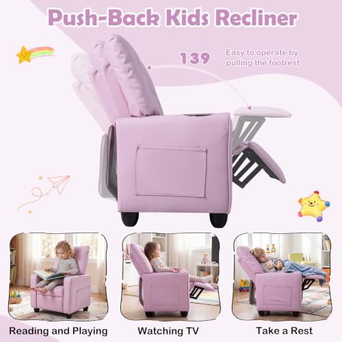 Costzon Pink Kids Recliner Chair with Push Back & Footrest - Toddler Lounge Sofa, Modern Design