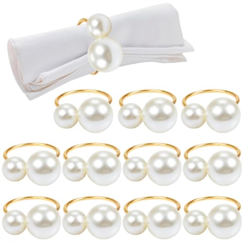 Wonlex Gold Pearl Napkin Rings Set of 12 for Weddings & Holidays