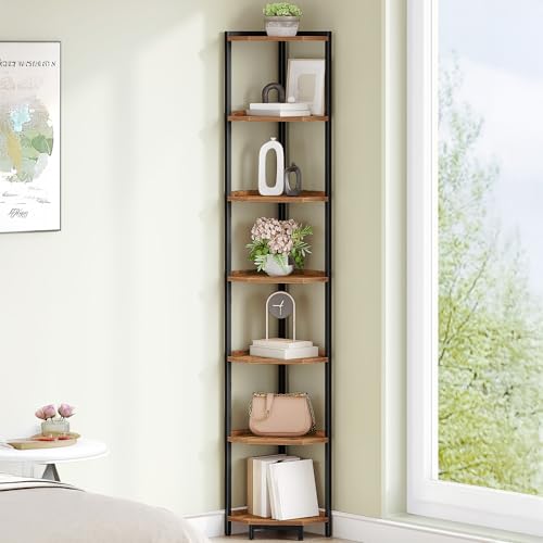 Rustic Brown 7-Tier Corner Shelf Stand - Space-Saving Bookshelf & Display