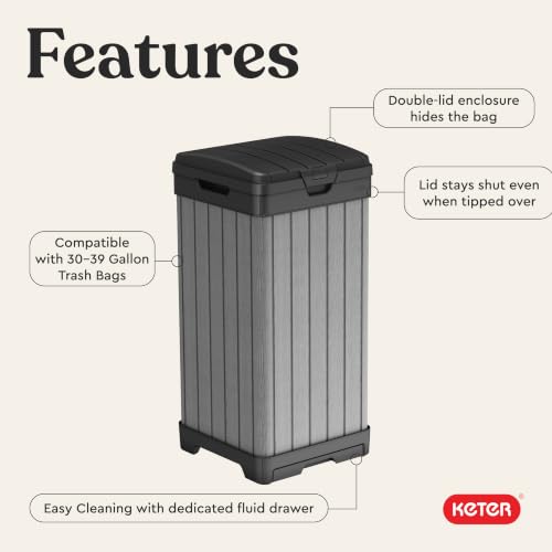 Keter Darwin Outdoor Trash Can 38 Gallon Weather-Resistant Resin Bin with Lid - Wood-Look Design