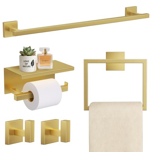 Brushed Gold Bathroom Hardware Set - 5-Piece Wall-Mounted Towel Rack Kit