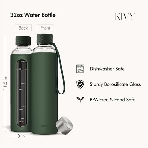 Cream White Glass Water Bottle with Silicone Sleeve 32 oz & Measurement
