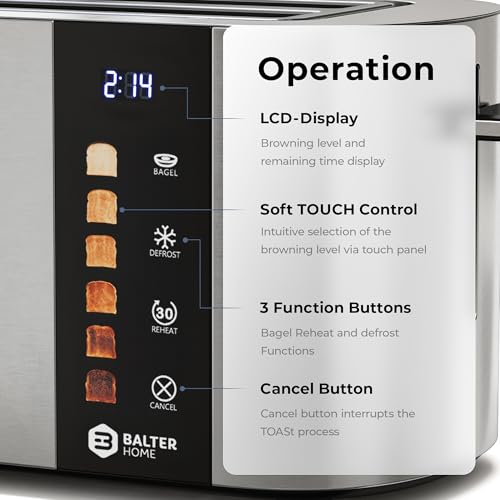 Balter 4-Slice Wide Slot Toaster with Bagel Function, Stainless Steel - Variation: Stainless Steel / 4 Slices