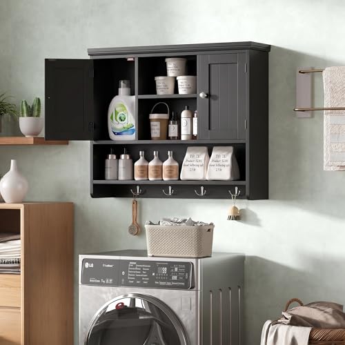 Keehusux Black Striped Wall-Mounted Bathroom Cabinet with Doors & Hooks, 3-Tier, 31.5"W