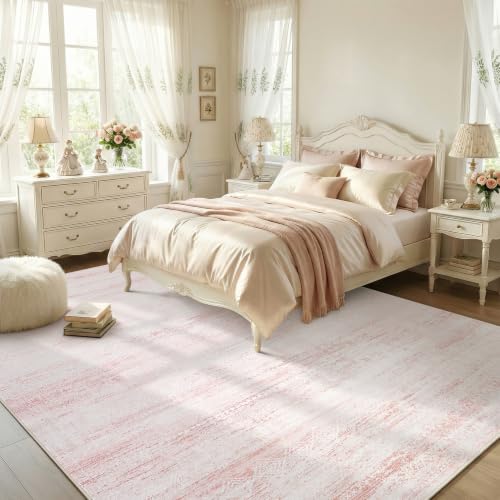 Pink 8x10 Moroccan Bloom Area Rug Washable Non-Slip Low-Pile Stain Resistant