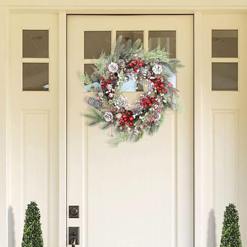 Jobflower 24 Inch Christmas Wreath with Natural Pine Cones, Red Berries & Berry Variant, Indoor Outdoor Holiday Decor