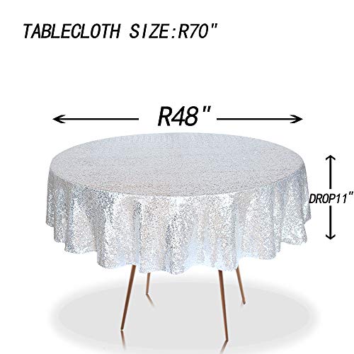 HMQIANG 70in Silver Sequin Tablecloth Round Glitter Overlay for Wedding & Party