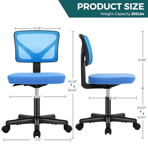 DUMOS Blue Armless Mesh Office Chair for Small Spaces, 1 Pack
