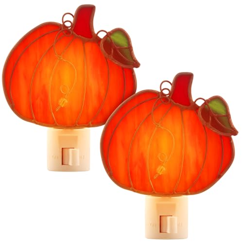 Baquler 2 Pack Stained Glass Pumpkin Night Lights - Plug-in Wall Decor - Thanksgiving Halloween