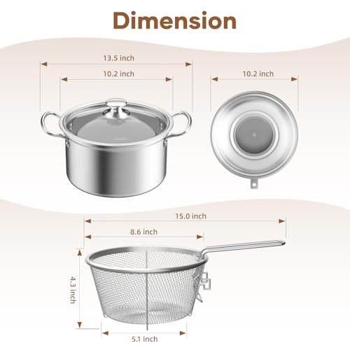 Deep Fryer Pot with Basket Lid & Splatter Guard - 6.3QT/6.0L - Stainless Steel