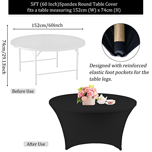 Black 5FT Round Spandex Tablecloth - Stretchable, Washable, Fitted for Wedding & Party Tables - 4 Pack