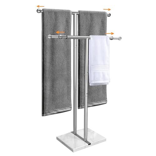 Silver 40'' Stainless Steel Towel Rack with Marble Base, 2-Tier Adjustable