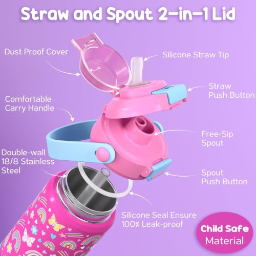 Fimibuke 18oz Kids Insulated Water Bottle with 2-in-1 Straw & Spout