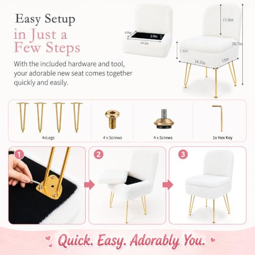 HOZYZO White Faux Fur Vanity Chair with Folding Back, Adult Size Makeup Ottoman