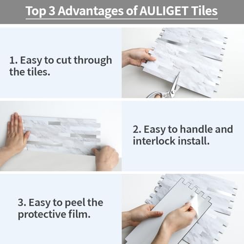 Faux Stone Peel and Stick Backsplash Tiles - White Marble Look, 20 Sheets with Silver Metal Accents, 11.7x5.9in, Easy DIY Wall Covering