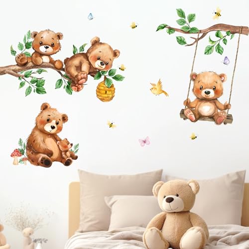 Yovkky Woodland Animals Bear Wall Decals Stickers, Forest Cute Birds Branch Swing Honeycomb Infant Neutral Toddler Baby Nursery Decor, Butterfly Bee Leaves Mushroom Decorations Kids Bedroom Playroom