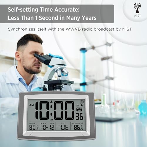 WallarGe 12.5 Inch Self-Setting Atomic Wall Clock with Indoor/Outdoor Temp