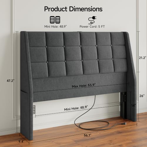 Full Size Upholstered Headboard with Charging Station & Storage Pockets