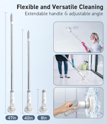 Electric Spin Scrubber Cordless Shower Cleaner with Extensible Handle - White