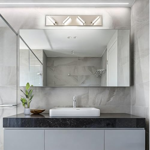 Leifod Nickel 4-Light Modern LED Vanity Light Fixture, 24 Inch Dimmable Bathroom Wall Light, No Assembly Required