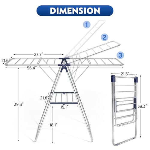 Blue Large Stainless Steel Clothes Drying Rack with 2 Wings - Adjustable & Foldable