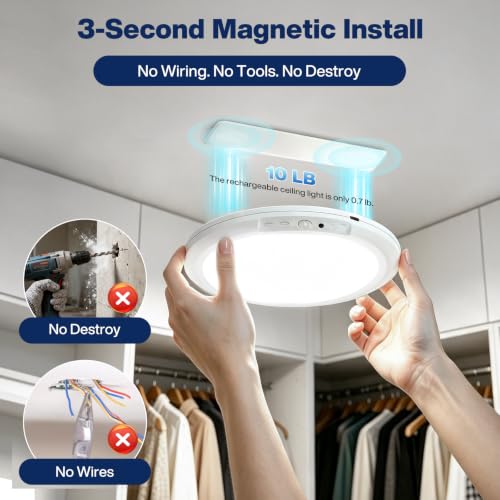 Rechargeable Ceiling Light with Remote & Motion Sensor - 2 Pack - 7.55 Inch, Dimmable 3-Color LED for Closet & Shower - Variation 2