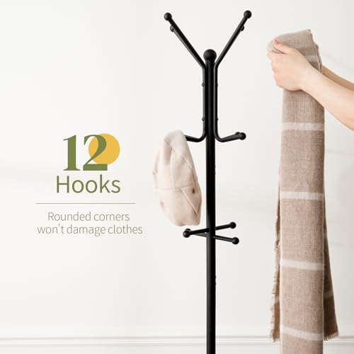 Black Yoobure Freestanding Coat Rack with Umbrella Holder, 12 Hooks, Modern Entryway Stand