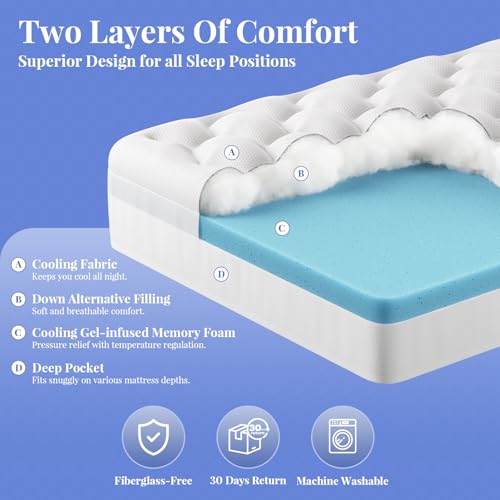 Plush 4-Inch Cooling Gel Memory Foam Mattress Topper - Full Size, 75"L x 54"W x 4" Thick