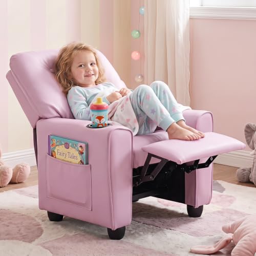 Costzon Pink Kids Recliner Chair with Push Back & Footrest - Toddler Lounge Sofa, Modern Design