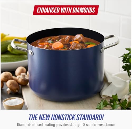 Blue Diamond 8QT Diamond Infused Ceramic Nonstick Stockpot with Lid – Blue, Large Capacity