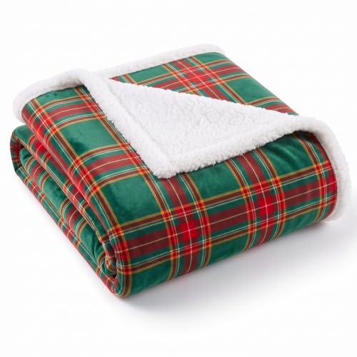 Fanfanwin Christmas Sherpa Throw Blanket, Tartan Plaid in Red & Green - 50x60