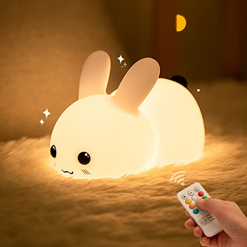 Cute Bunny Night Light for Kids, 7 Colors Kawaii Stuff Rechargeable Nightlights with Dimmable Light and Timer Setting, Birthday Eater Xmas Gift, Used for Camping Party Room Decor
