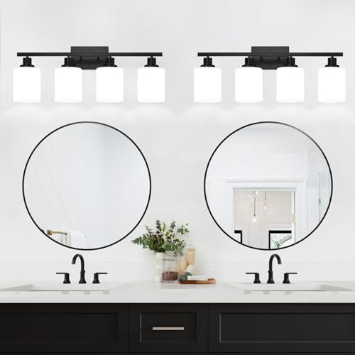 Matte Black 4-Light Bathroom Vanity Light with Milk Glass Shades - Over Mirror Fixture