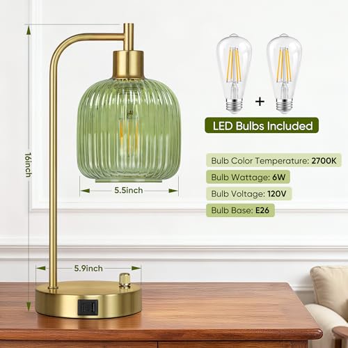 Green Glass Dimmable Table Lamps Set of 2 with USB Ports - Gold & Green Variation