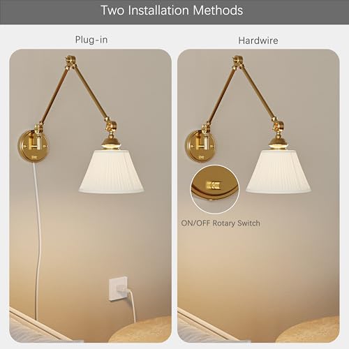 Gold Swing Arm Wall Sconce Set of 2 with Fabric Shades, Plug-in & Hardwired, Adjustable Reading Lights for Bedroom & Living Room - Beige Shade